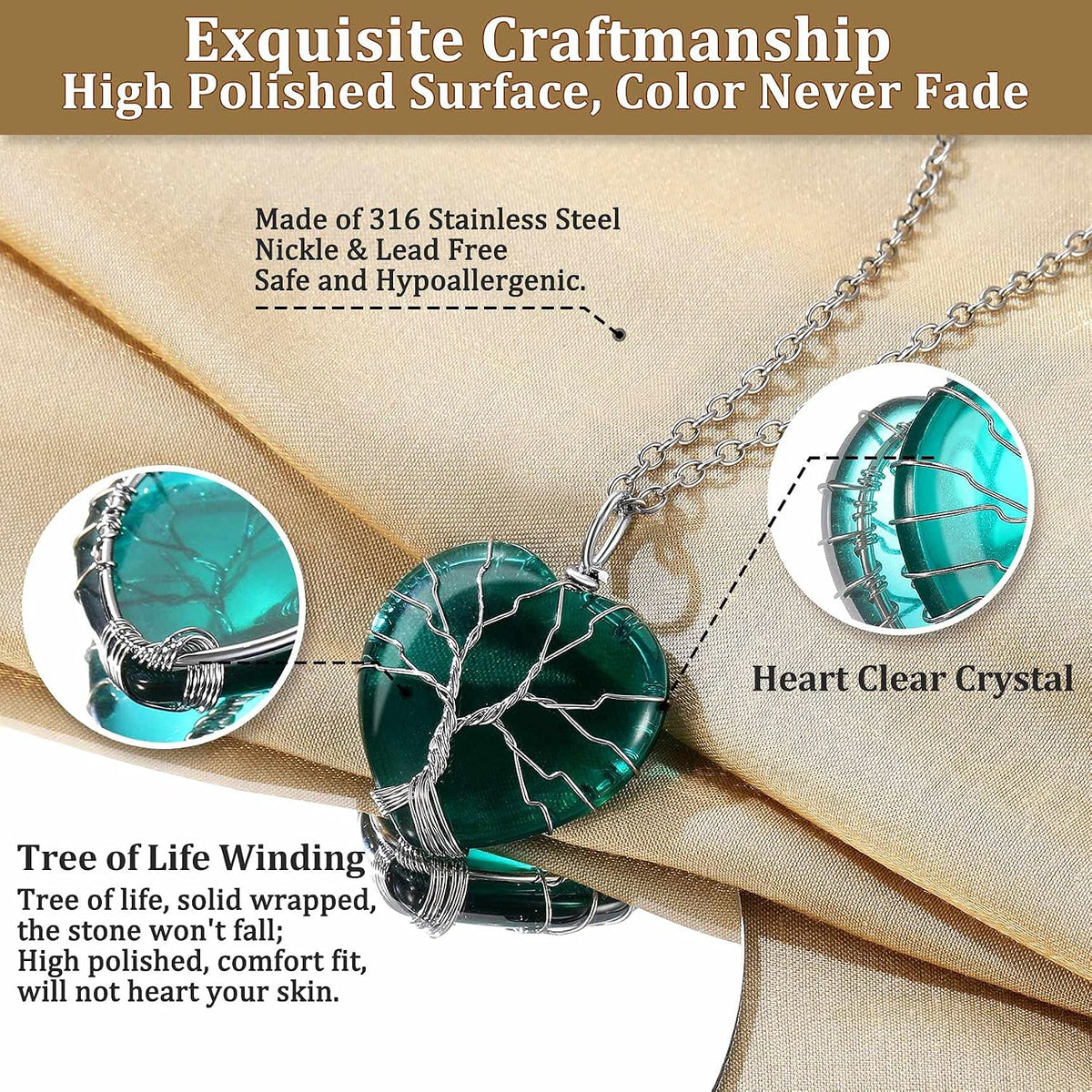 Bestyle Collar de cristal curativo envuelto en árbol de la vida, co...