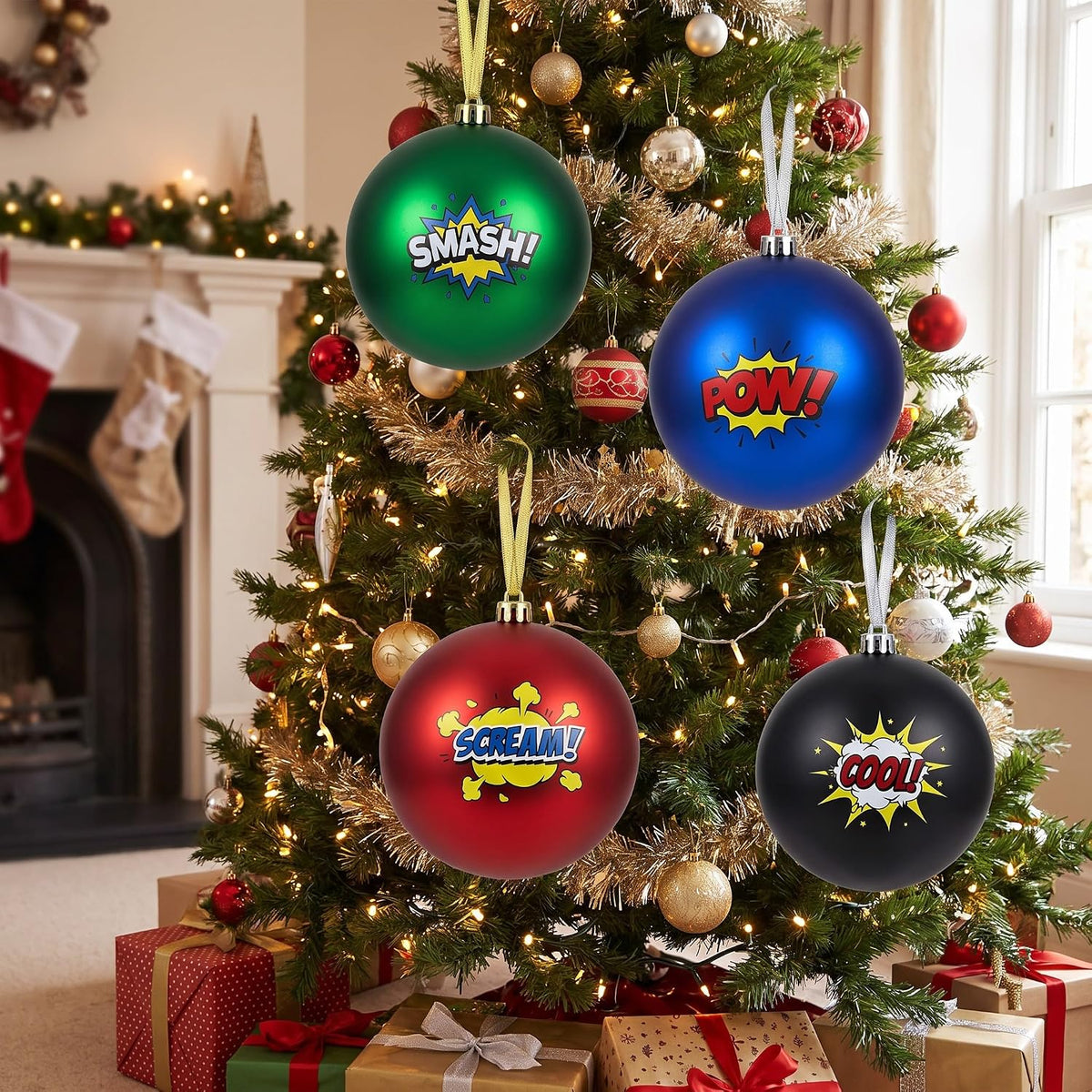 Tigeen 4 adornos de bolas de Navidad con temática de héroes grandes...