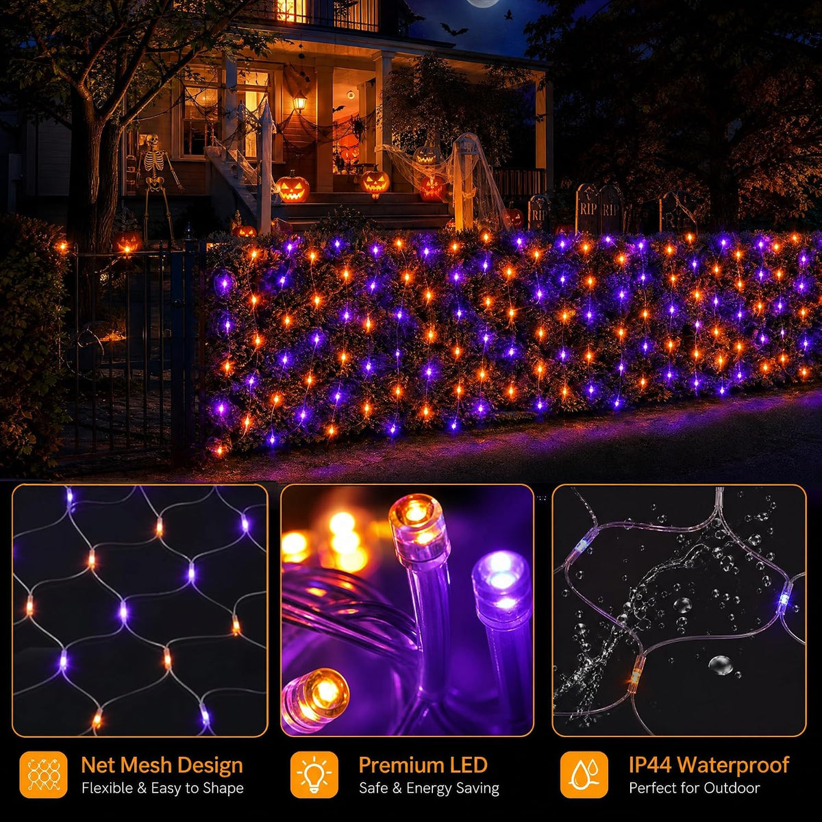 Dazzle Bright 360 luces LED de red de Halloween, 12 pies x 5 pies,...