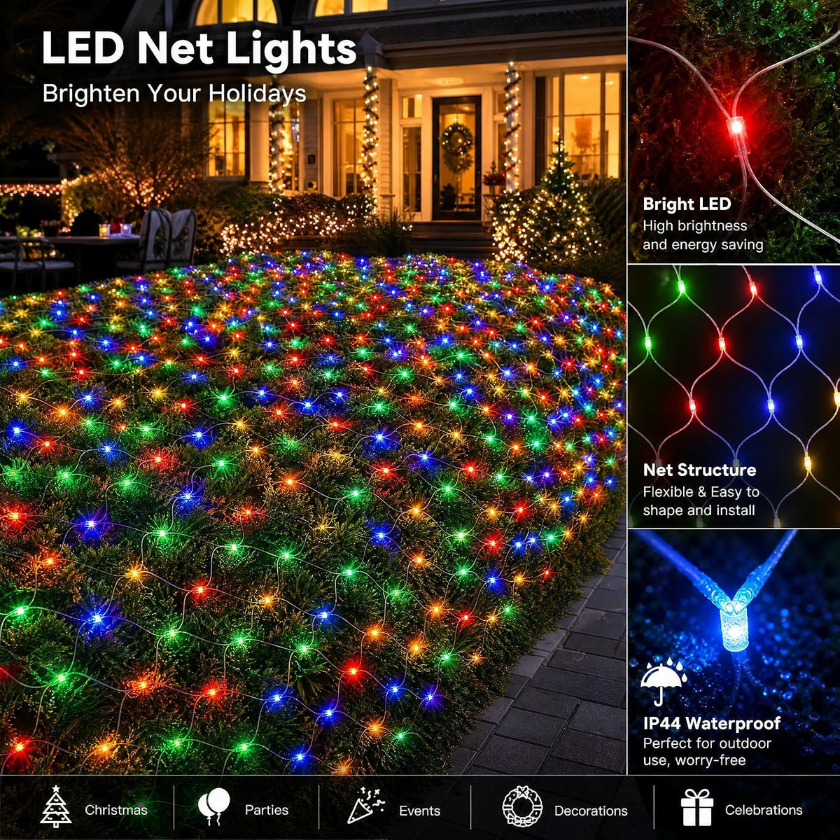 Dazzle Bright 360 luces LED de red, 12 x 5 pies, conectables, imper...