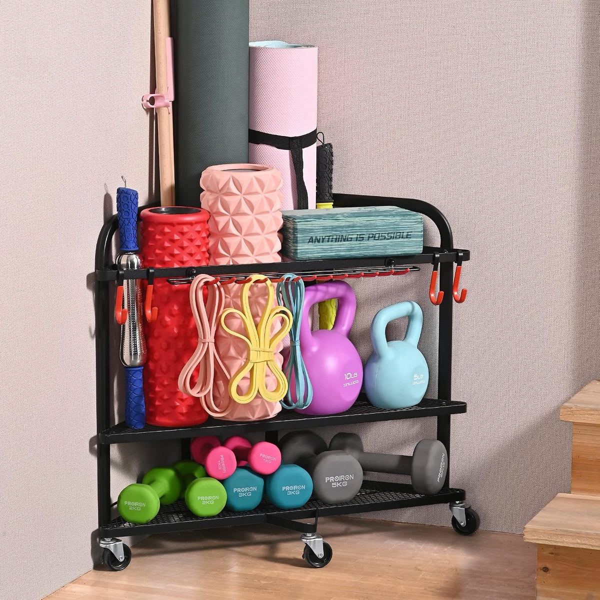 PLKOW Estante de almacenamiento para gimnasio en casa con ruedas, e...