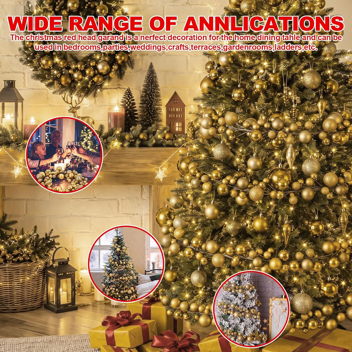 Yuxung 2 guirnaldas de adornos de bolas de Navidad de 6 pies, oro m...