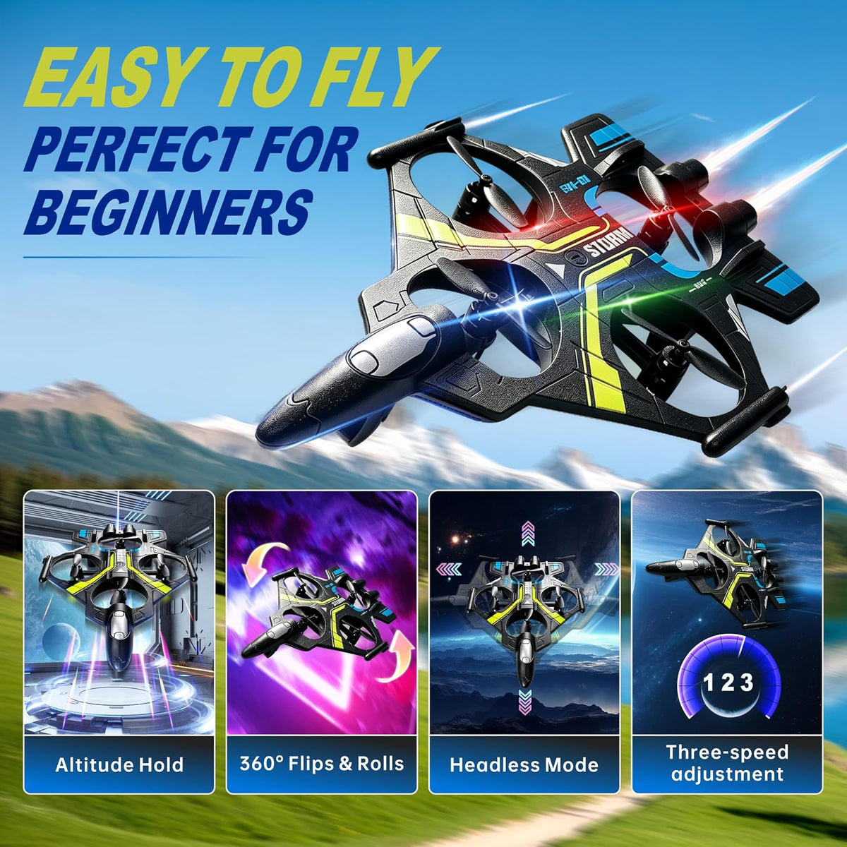 Feng Eye Avión RC para niños, negro, 2 baterías | Acrobacias con gi...