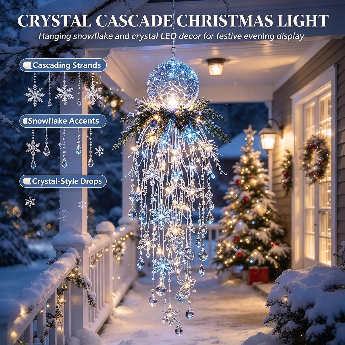 Luz de Navidad en cascada de cristal, copo de nieve colgante y deco...