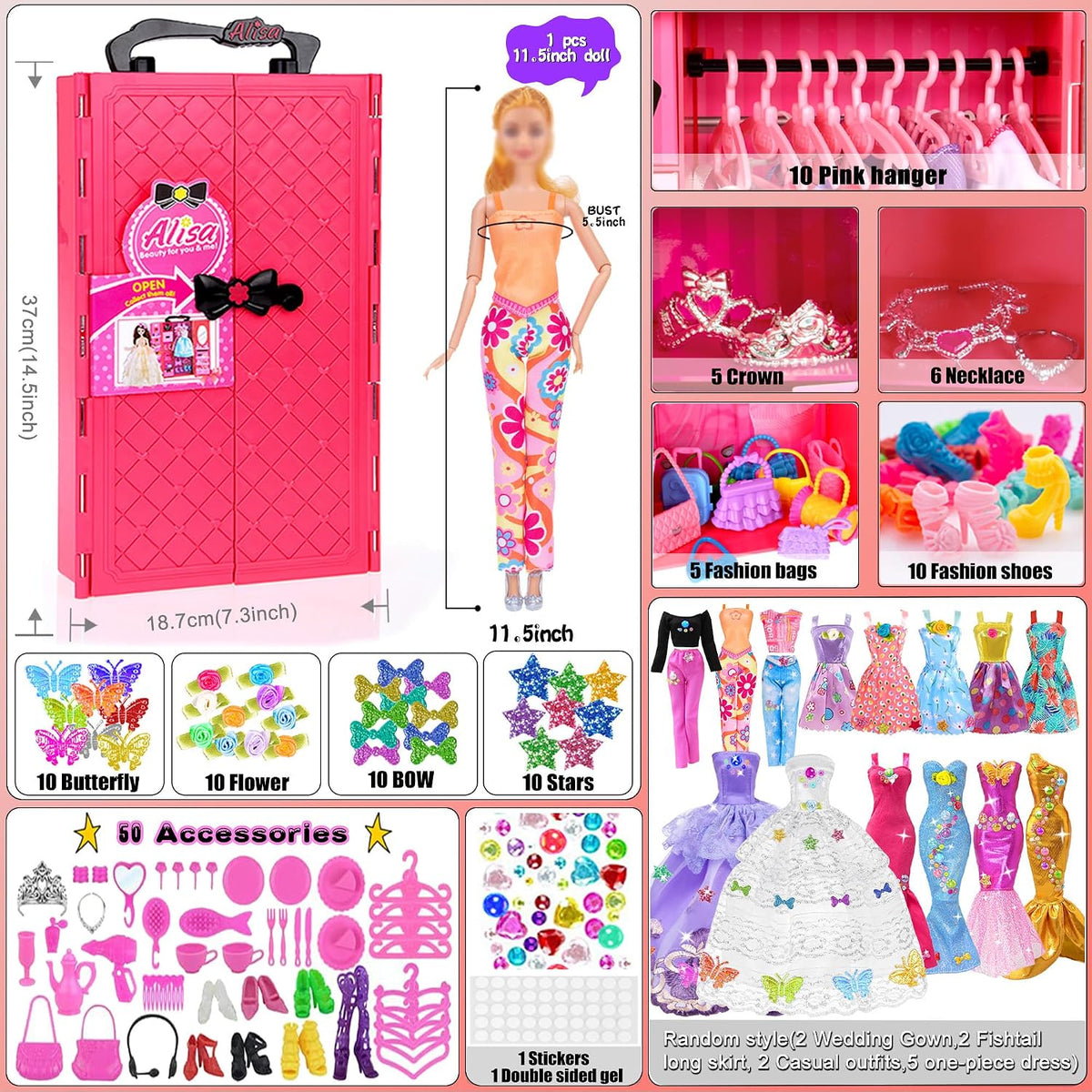 iBayda Juego de 139 piezas de muñeca y armario de moda de 11.5 pulg...