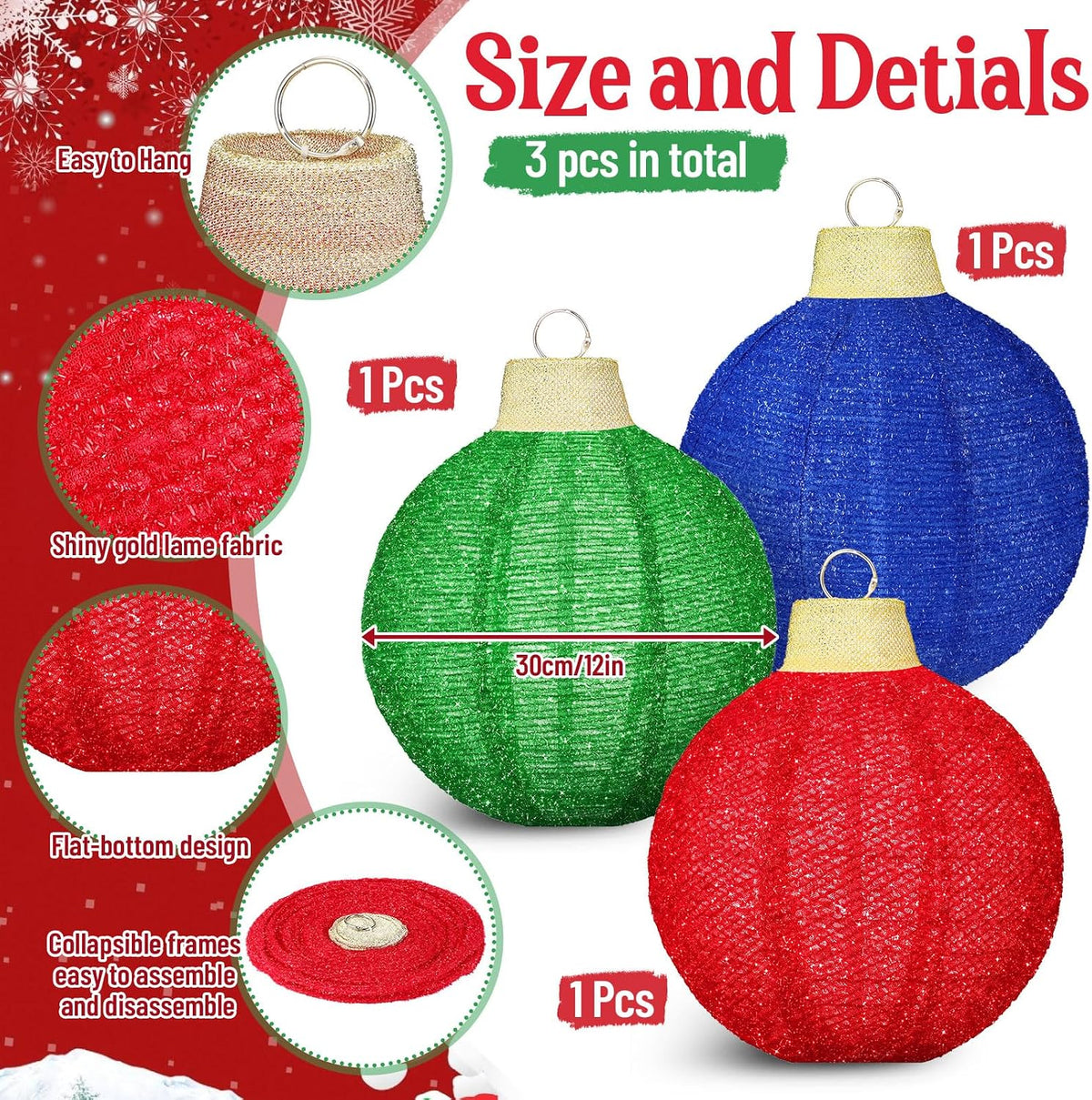 3 bolas de Navidad grandes de 12 pulgadas, adorno, purpurina, rojo,...