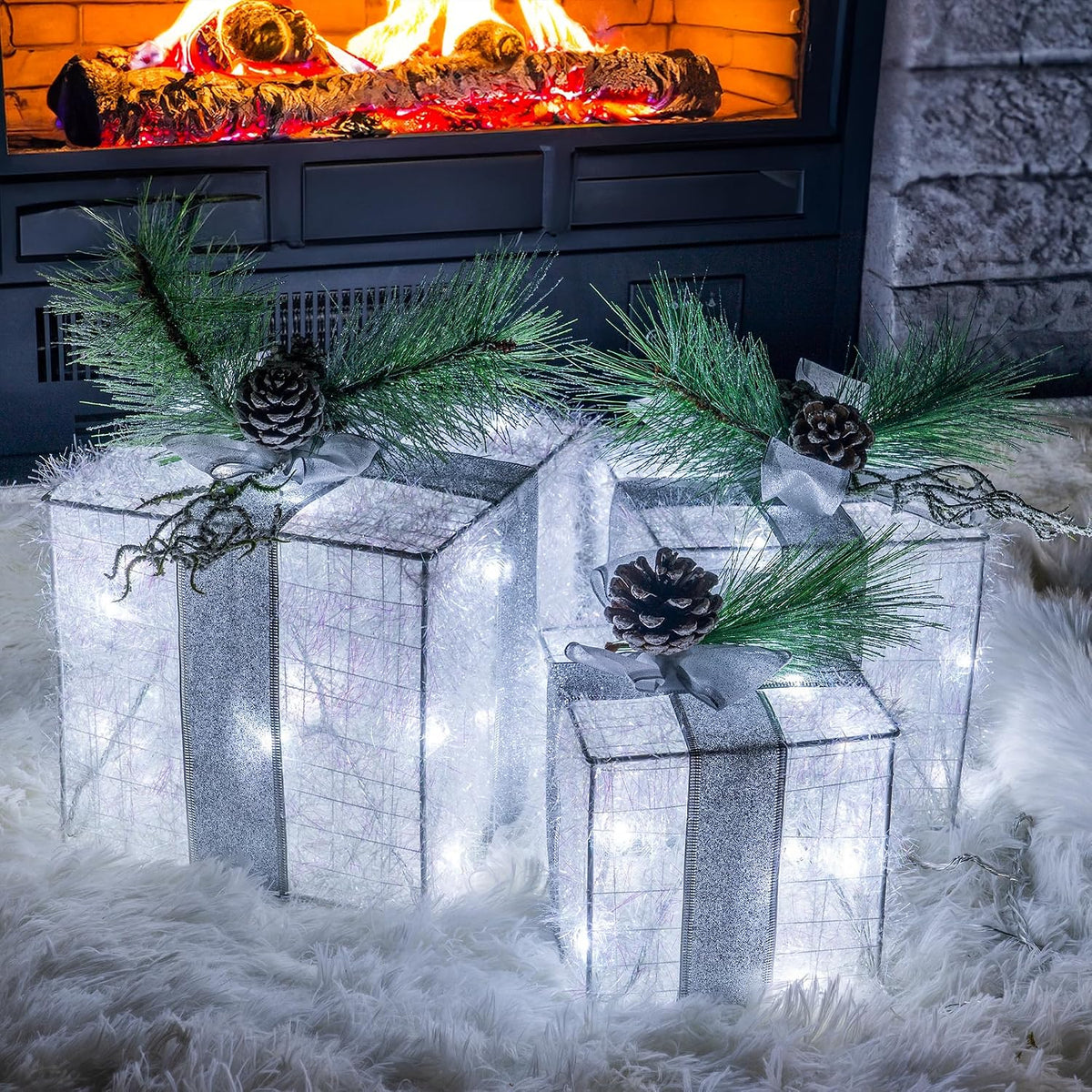 Hourleey - Juego de 3 cajas de regalo iluminadas de Navidad, 60 luc...
