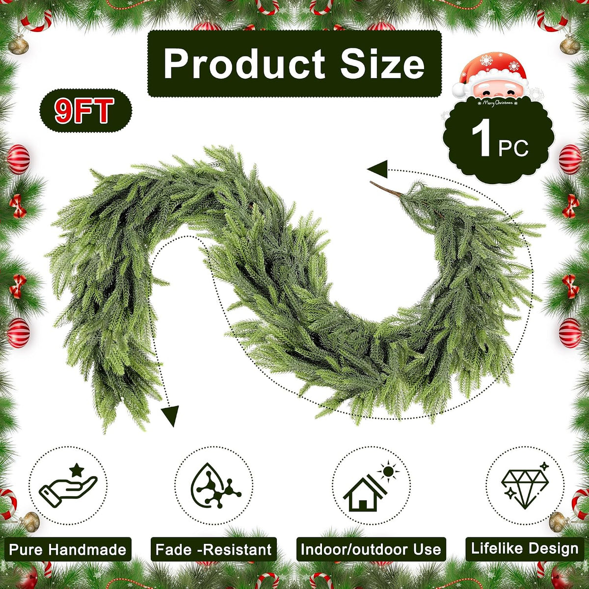 Guirnalda de Navidad de 9 pies para chimenea, guirnalda de pino Nor...