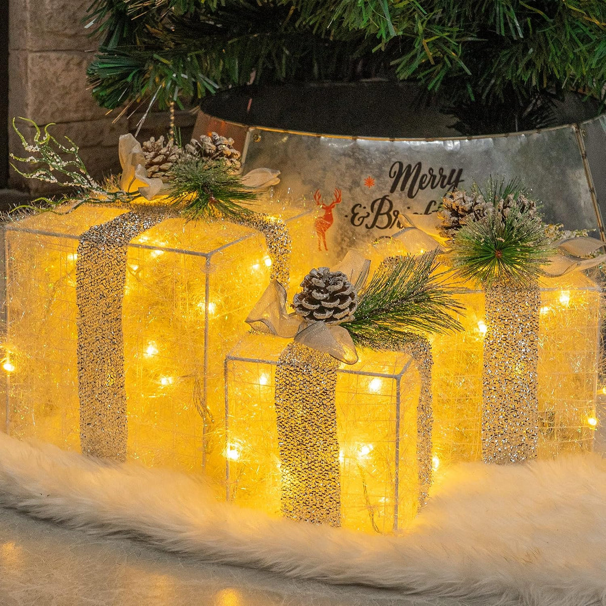 Hourleey Juego de 3 cajas de regalo iluminadas de Navidad, 60 cajas...