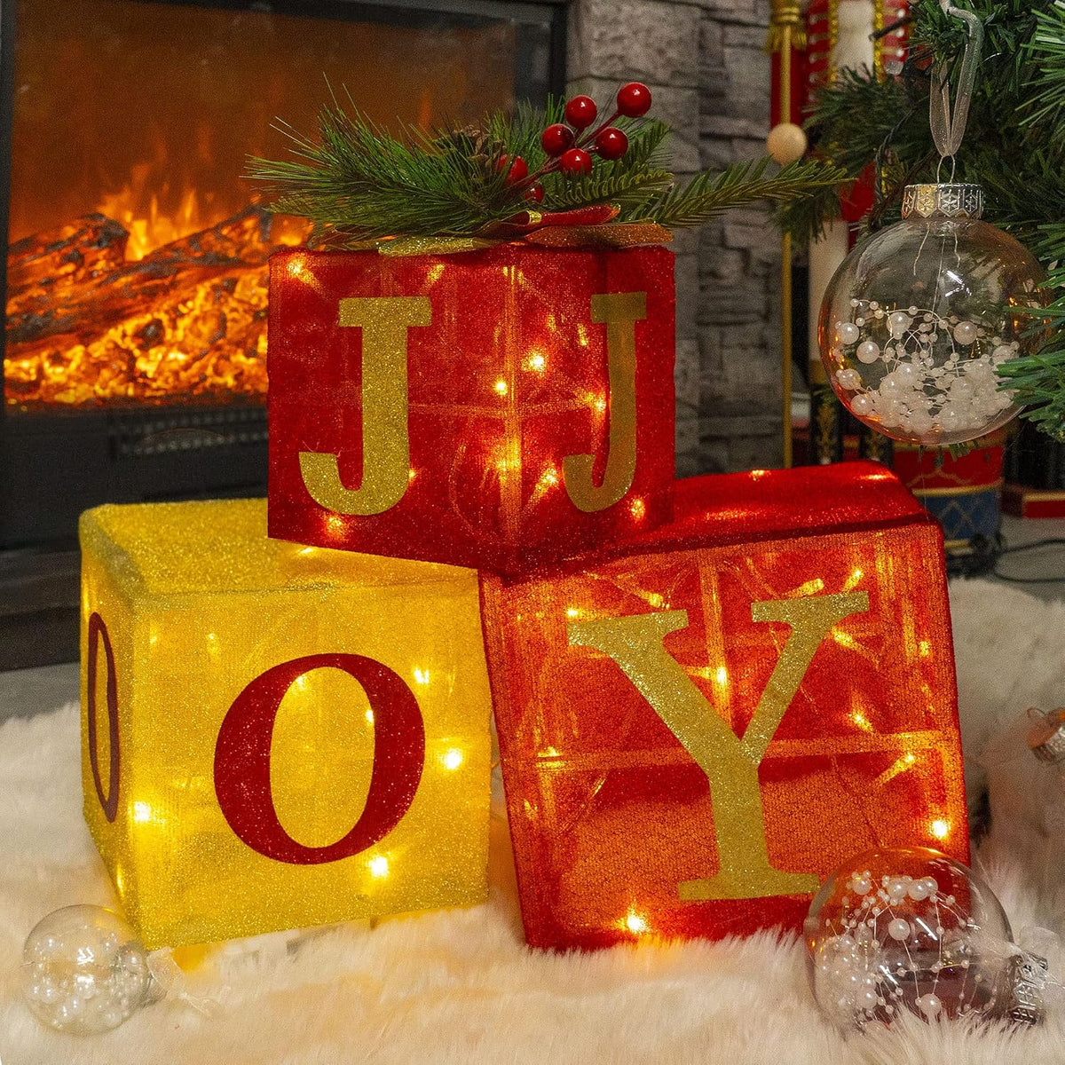 Hourleey Juego de 3 cajas de regalo iluminadas de Navidad, 60 luces...