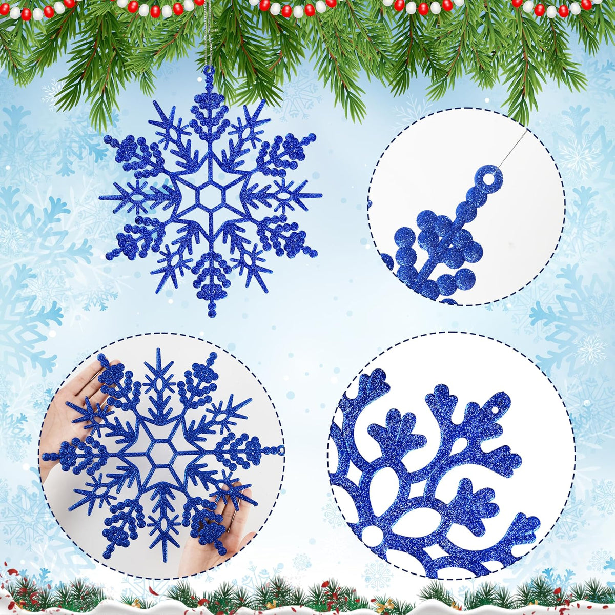 6 adornos grandes de copos de nieve azul marino de 12 pulgadas, cop...