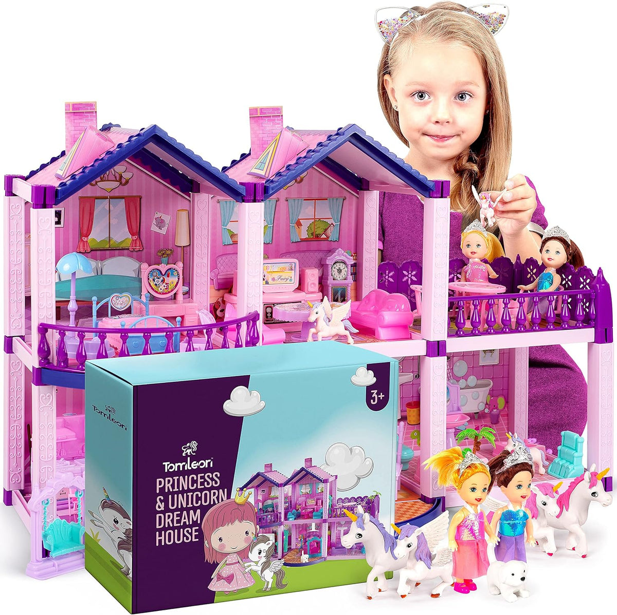 Casa de muñecas con 2 princesas, 4 unicornios, perro, muebles y acc...