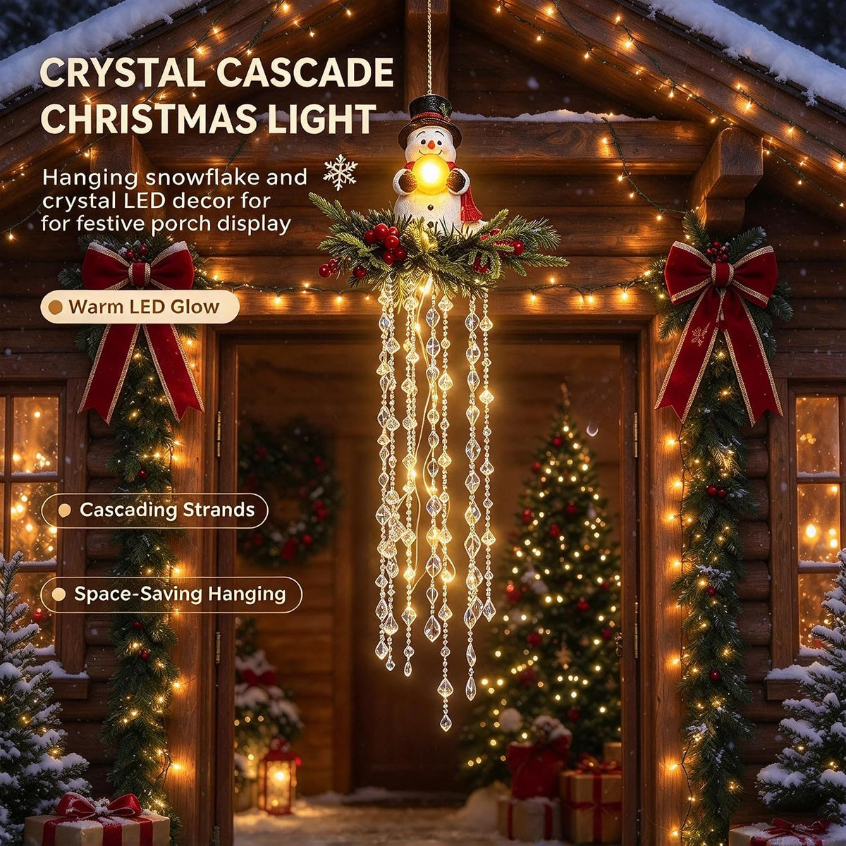 Luz de Navidad en cascada de cristal, copo de nieve colgante y deco...