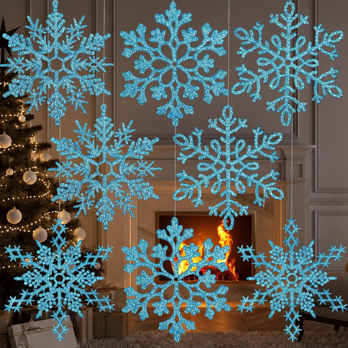 6 adornos grandes de copos de nieve azules de 12 pulgadas, copos de...