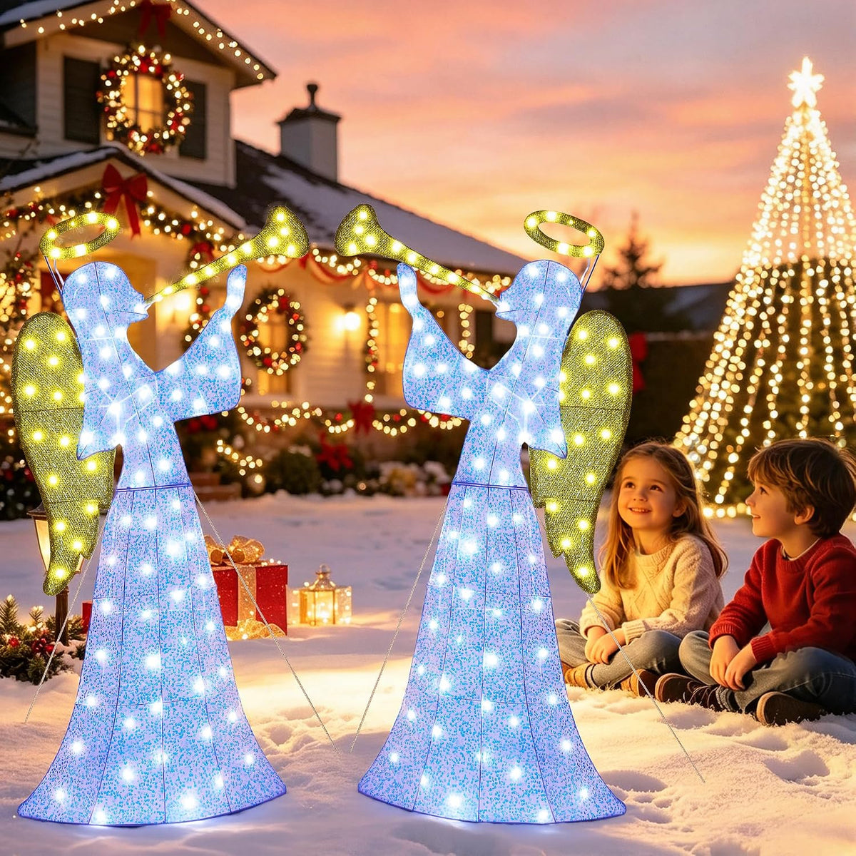 Decoración navideña de ángel brillante de 4 pies con temporizador y...