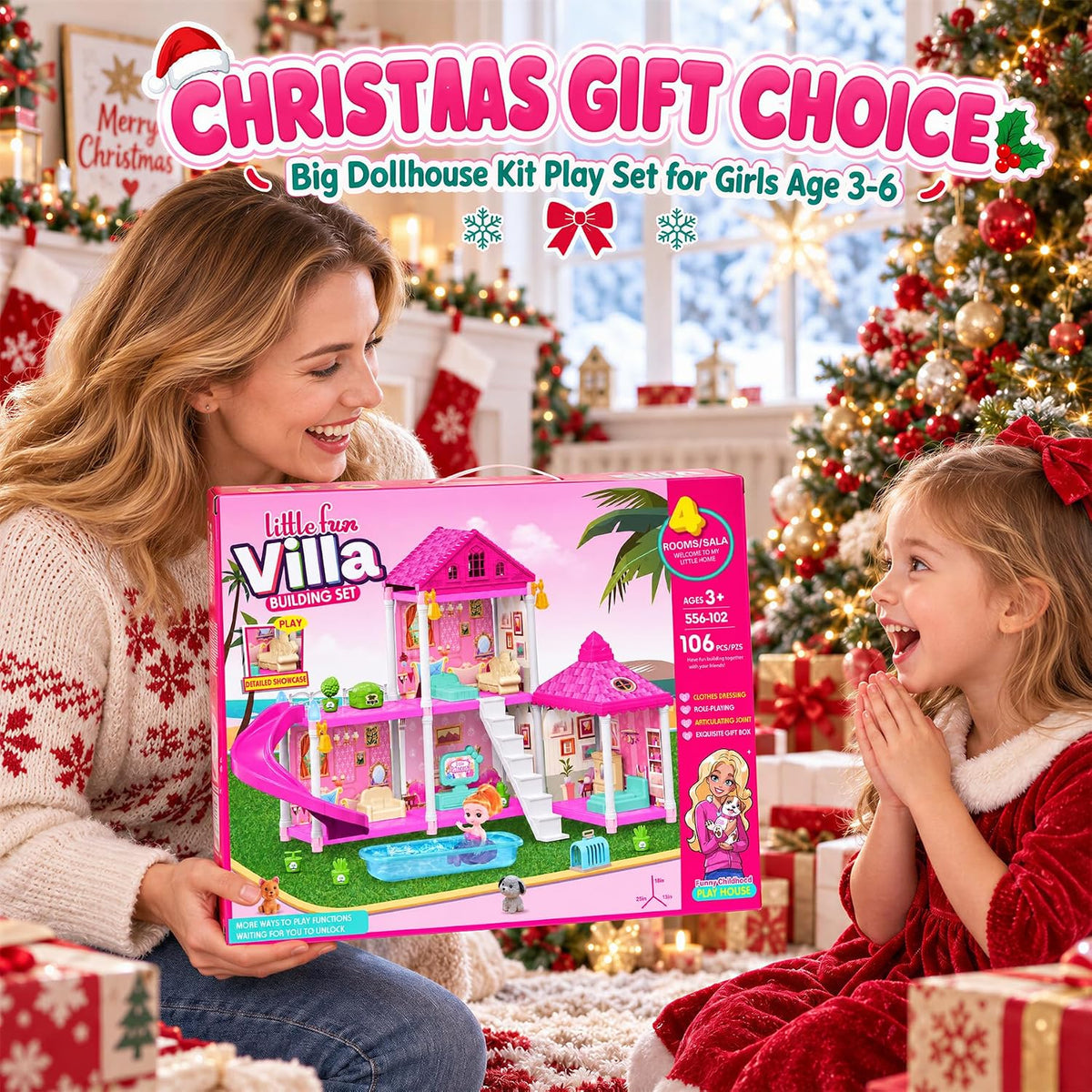 KLADNDER Casa de muñecas, juego de casa de muñecas de 2 pisos y 4 |...