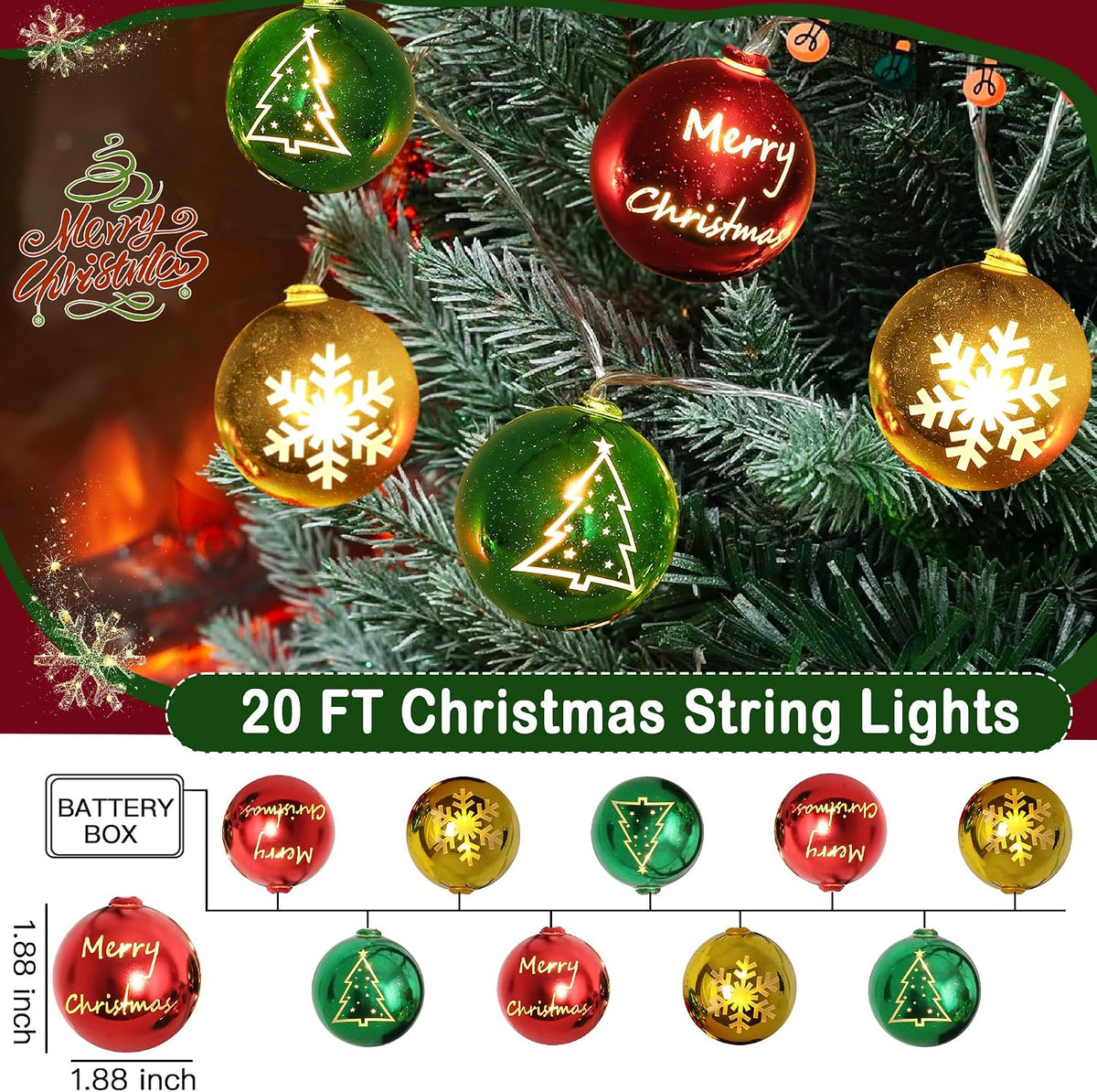 Tira de luces de bolas de Navidad de 20 pies, 30 LED, funciona con...