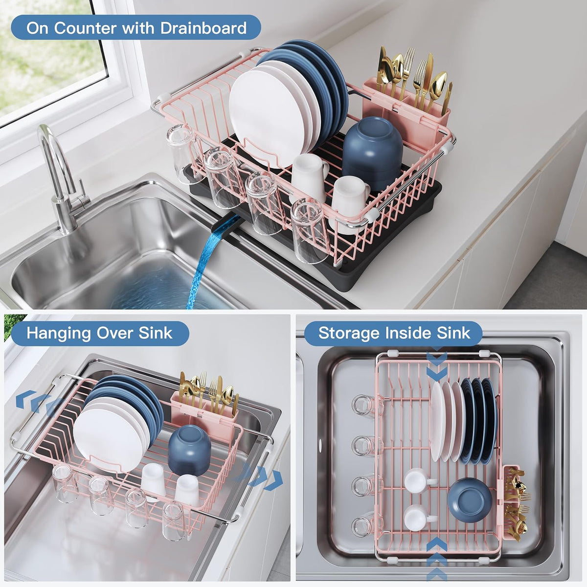JASIWAY Escurridor de platos rosa en fregadero con escurridor y sop...