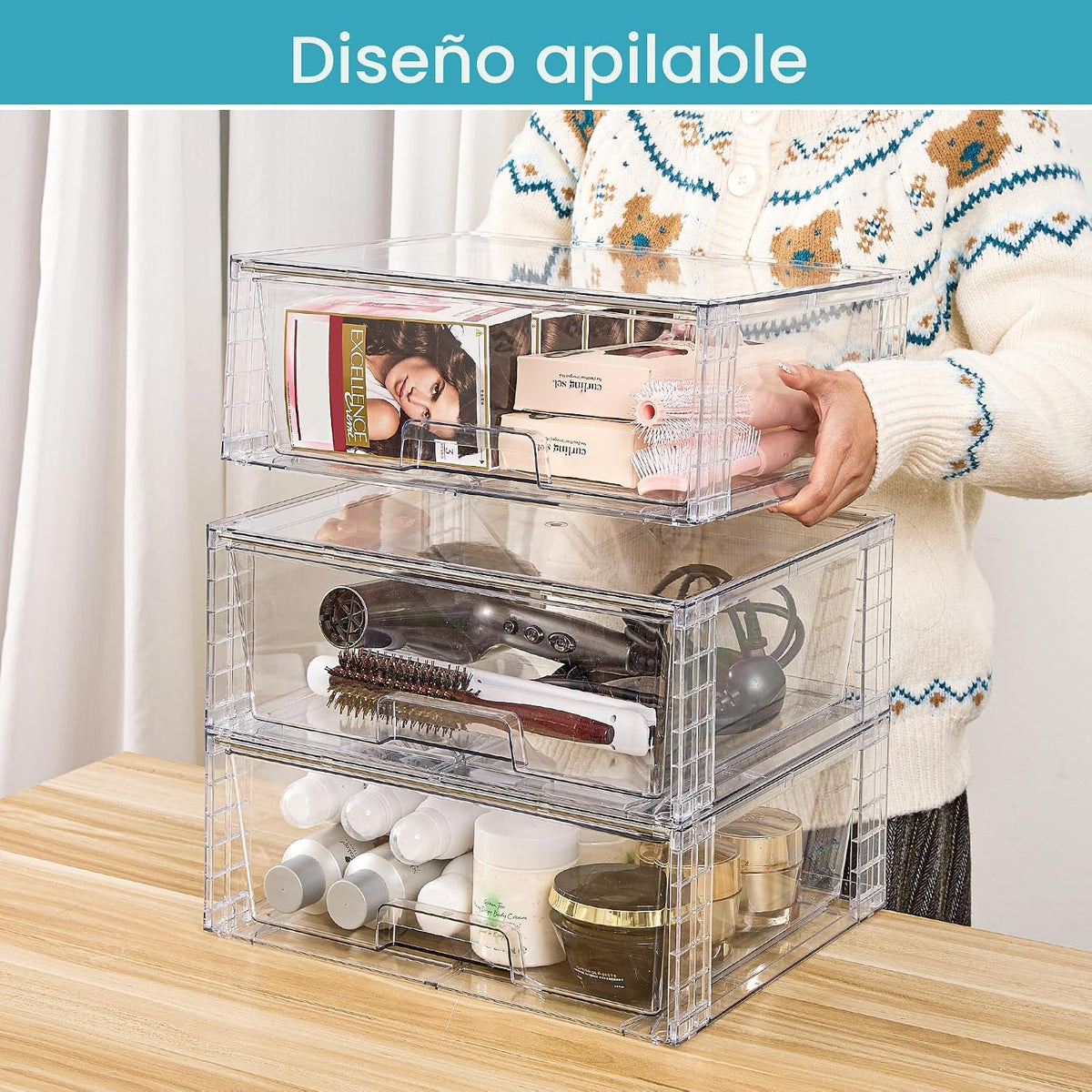 Vtopmart Paquete de 4 cajones de almacenamiento apilables transpare...