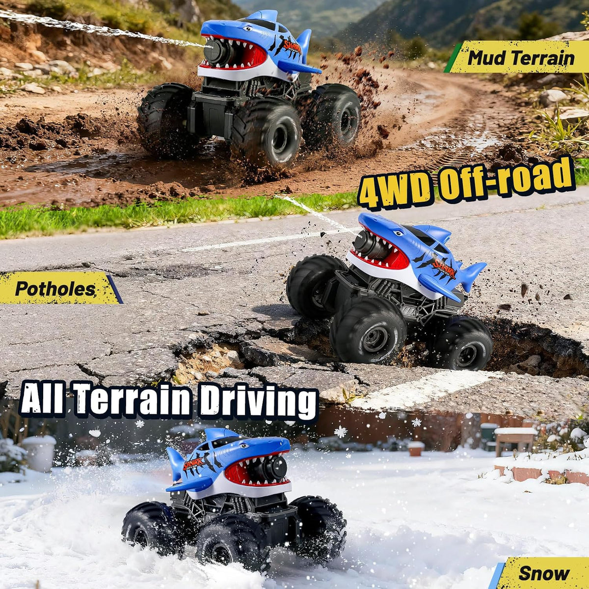 BOBXIN Anfibio Control Remoto Coche Tiburón Monster Truck Chorro Ag...