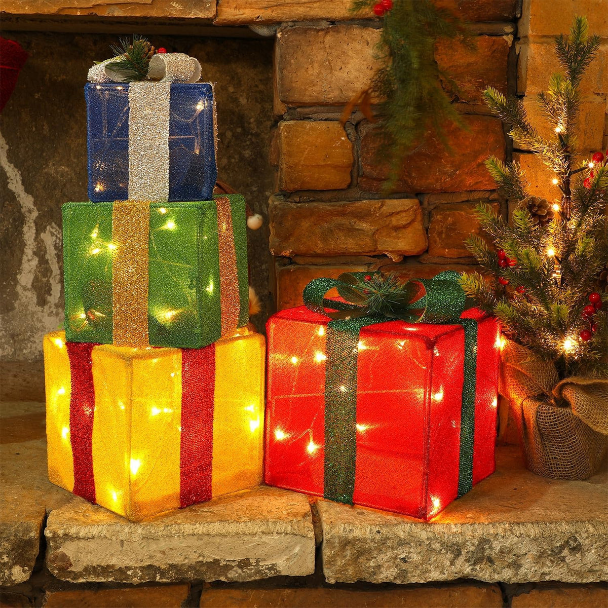 Juego de 4 cajas decorativas de regalo iluminadas para Navidad, caj...