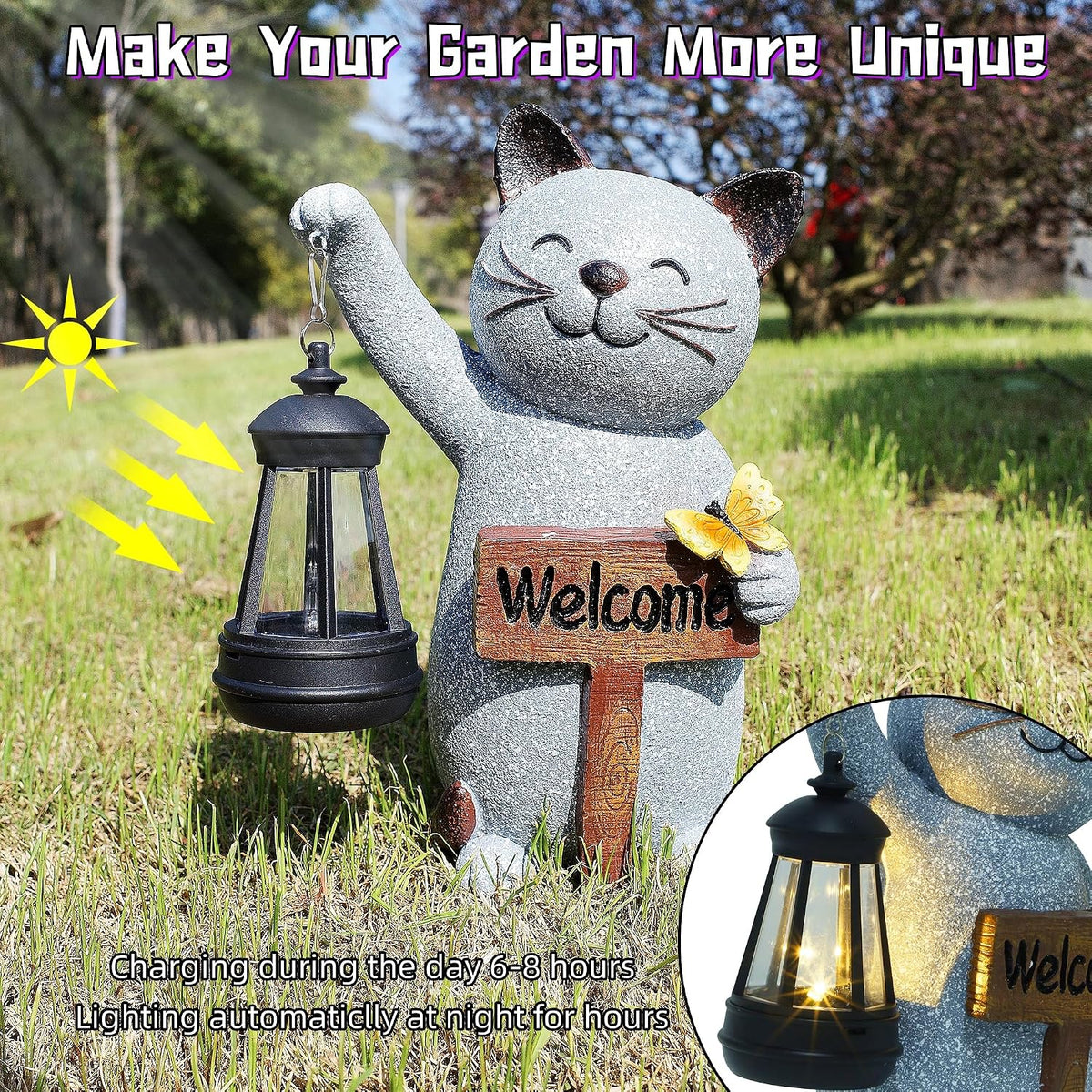 Juegoal - Estatua solar de jardín con linterna LED, letrero de bien...