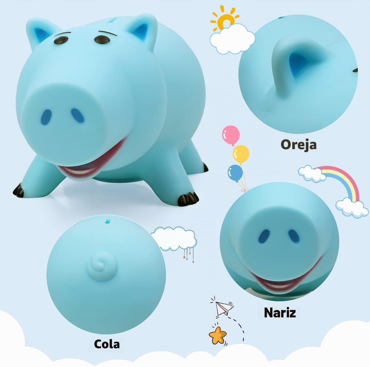 PHOCAS - Hucha de cerdo azul, caja de dinero de plástico para ahorr...