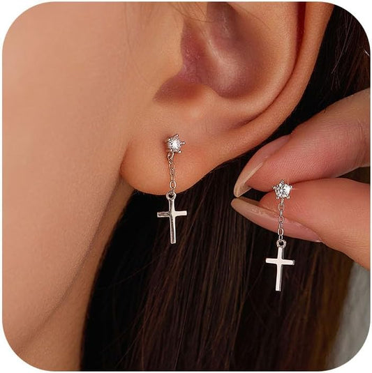 Aretes colgantes de plata de ley 925 con cruz para mujer, chapados...