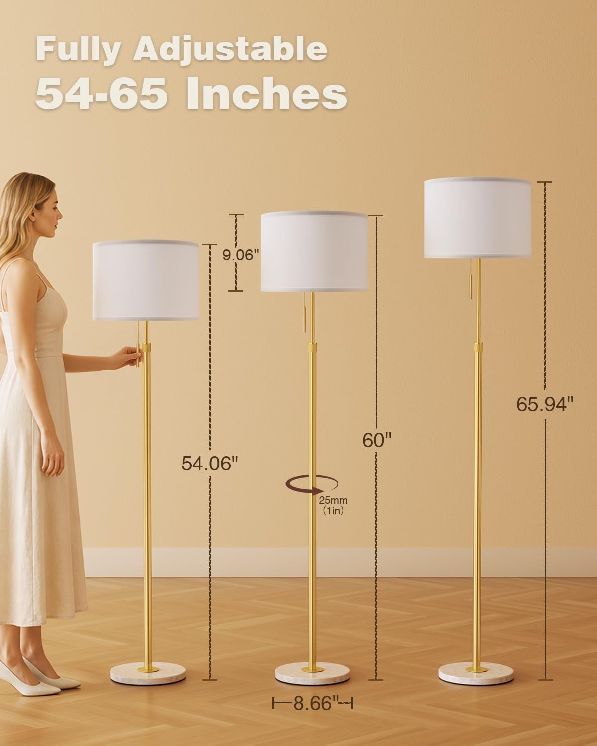 Ambimall Lámpara de pie moderna dorada ajustable en altura, oro y b...