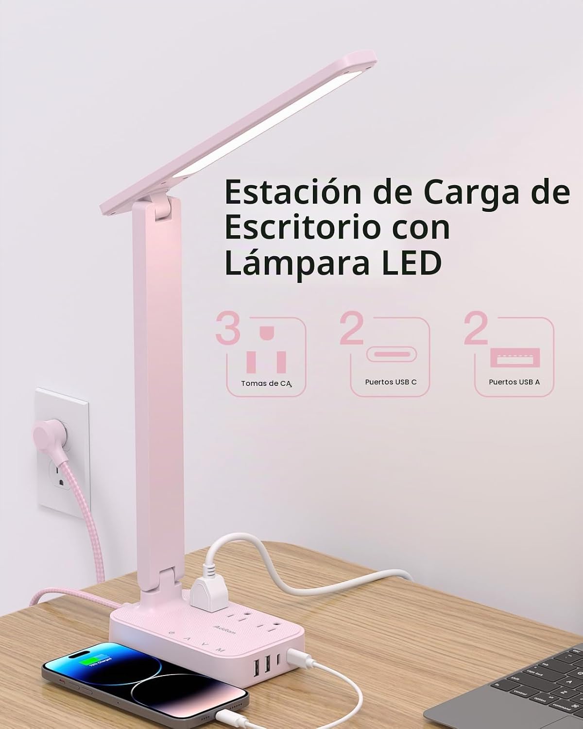 Addtam Lámpara LED de escritorio, tira de alimentación con 3 tomas,...