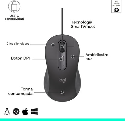 Logitech Signature Wired M520 L Ratón óptico para empresas - Grafit...