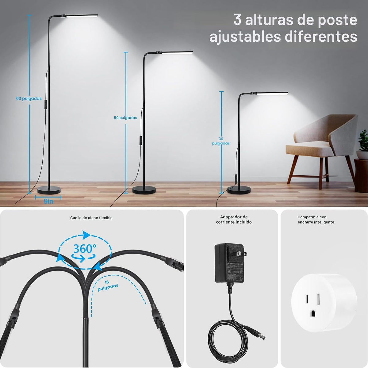 Lámpara de pie LED, lámpara de pie de lectura brillante de 18 W\/20...