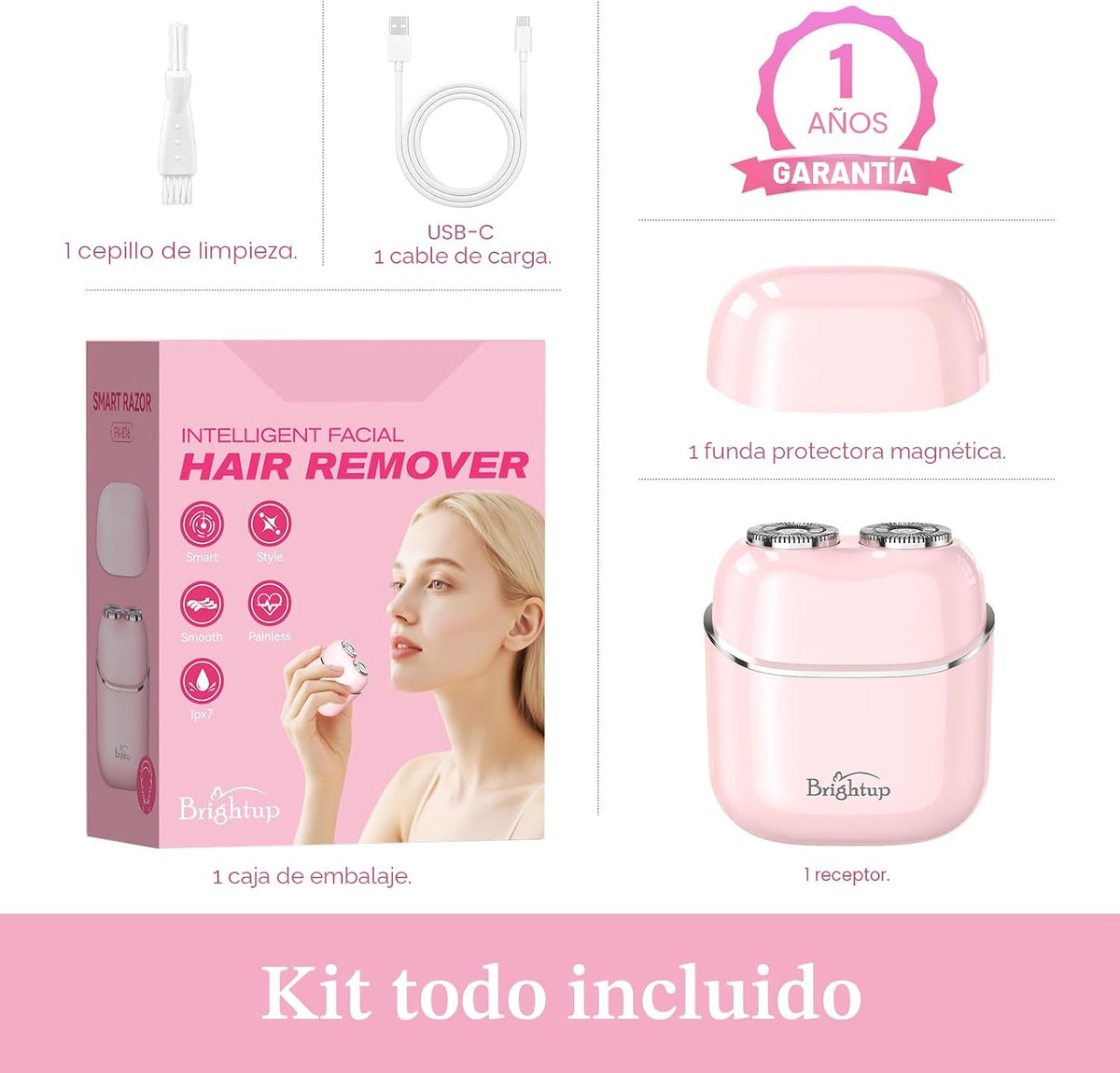 Brightup Depilación facial para mujeres - Afeitadora eléctrica sin...