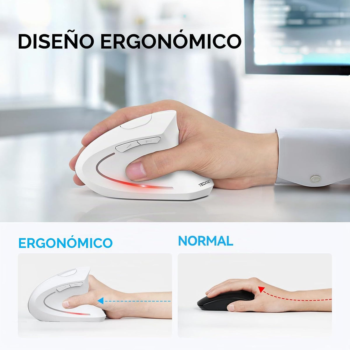 Ratón ergonómico TECKNET, 4800 DPI inalámbrico Bluetooth vertical,...