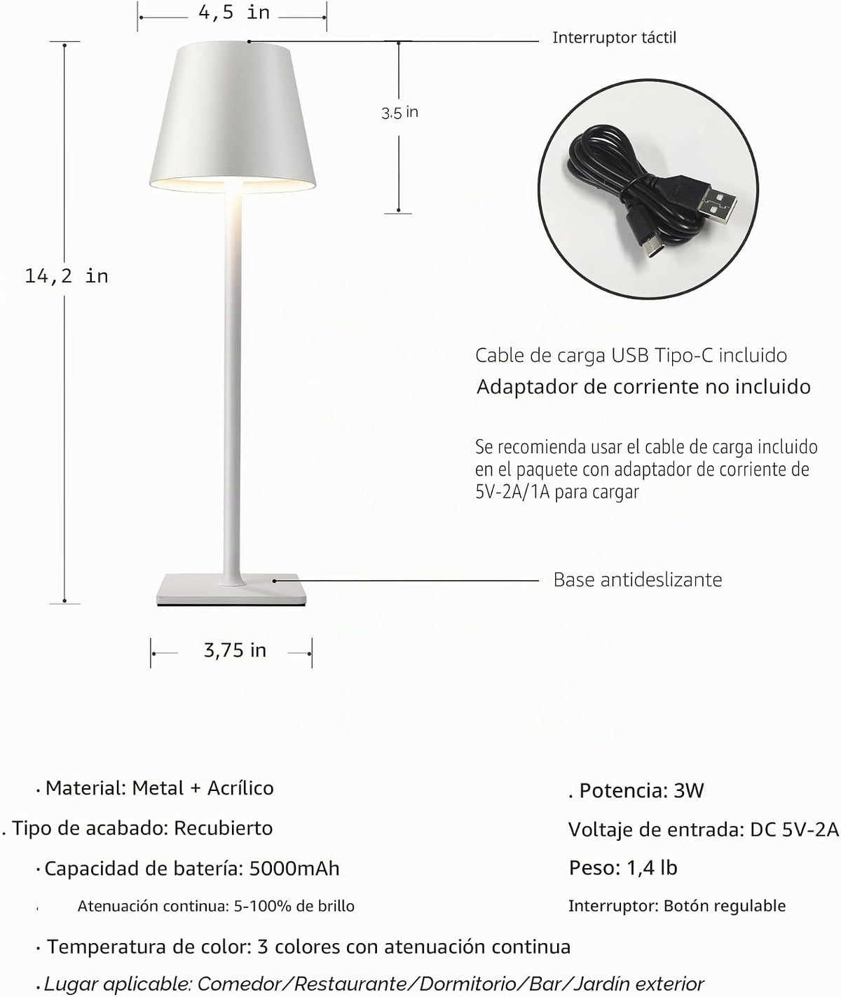 KDG Paquete de 2 lámparas de mesa blancas inalámbricas, lámparas de...