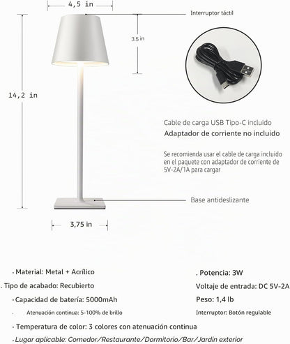 KDG Paquete de 2 lámparas de mesa blancas inalámbricas, lámparas de...