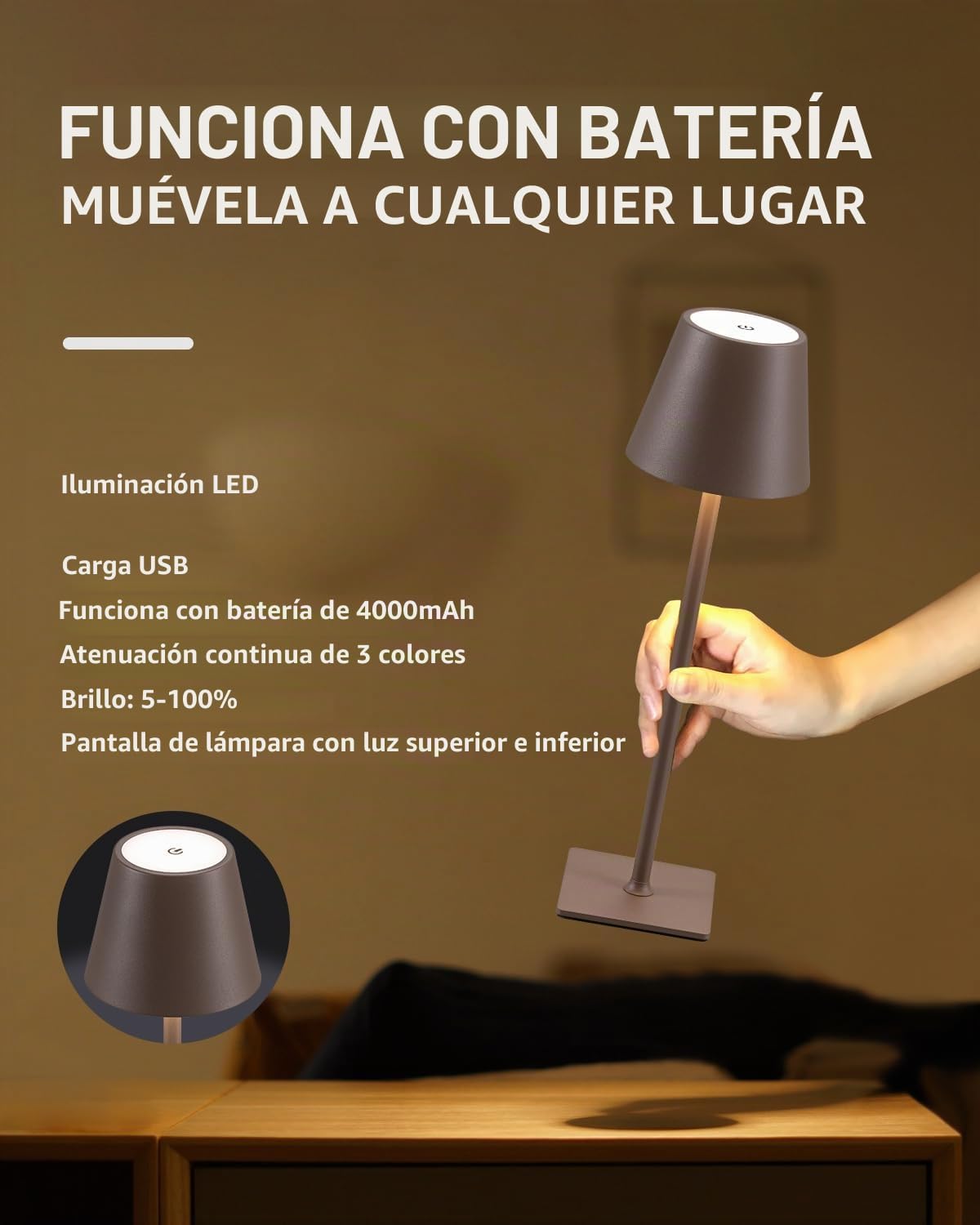 KDG Paquete de 2 lámparas de mesa inalámbricas marrones, lámparas d...