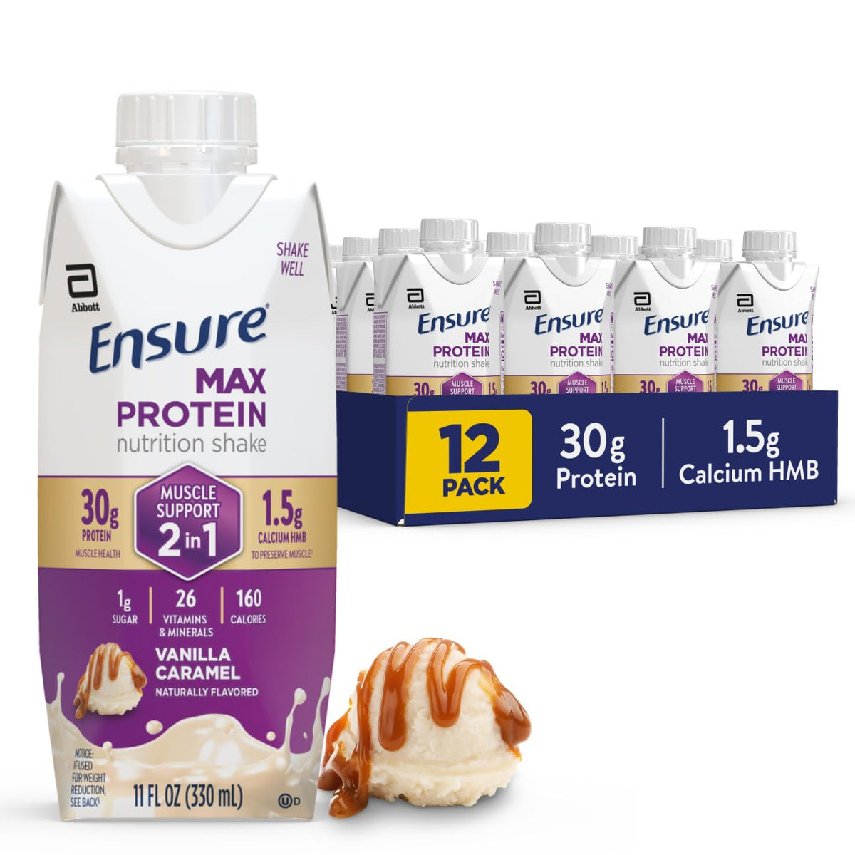 Ensure Max Protein - Caramelo de vainilla 2 en 1, 1.06 onzas de alt...