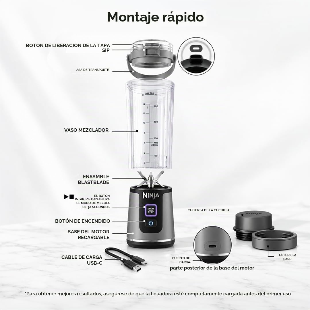 Ninja BC151PR Blast - Licuadora portátil, inalámbrica, recipiente d...