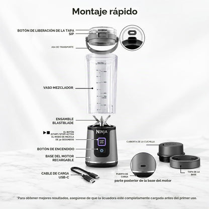 Ninja BC151PR Blast - Licuadora portátil, inalámbrica, recipiente d...