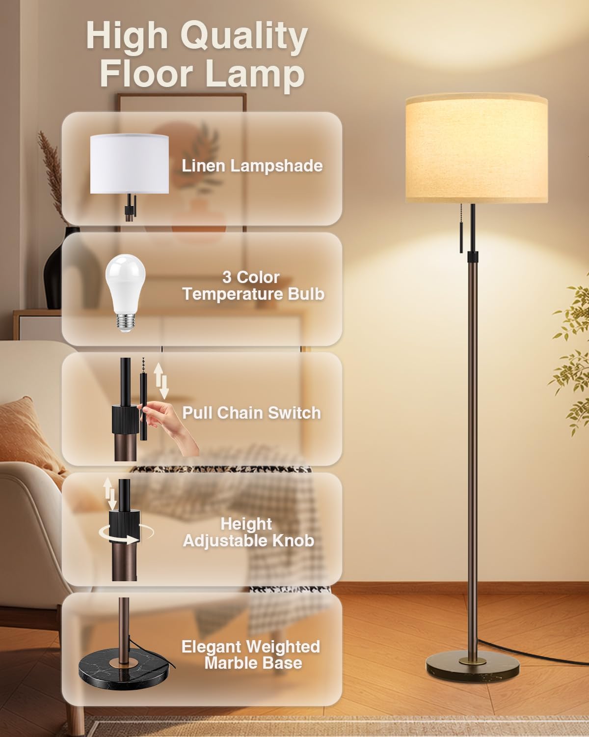 Ambimall Lámpara de pie moderna de altura ajustable, marrón y negro...