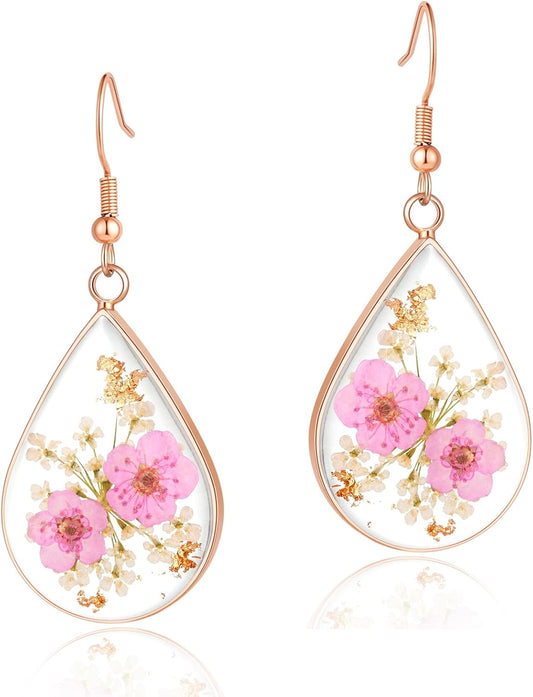 Hefestus Aretes de Flores Prensadas Reales para Mujeres, Diseño Col...