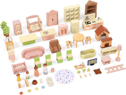 OOOK - Casa de muñecas de madera con 60 piezas de accesorios y mueb...