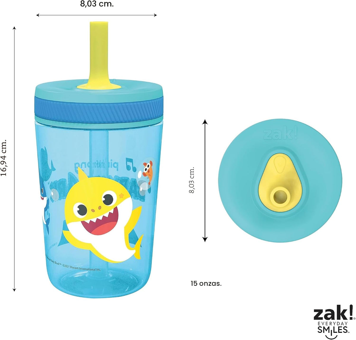 Zak Designs - Juego de vasos Baby Shark Kelso de 15 onzas, tapa de...