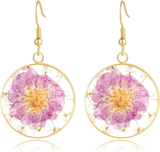 Hefestus Aretes de Flores Prensadas Reales para Mujeres, Diseño Col...