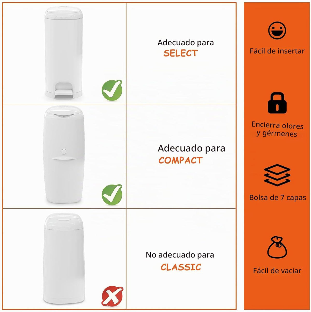 Bolsas de eliminación cuadradas jumbo compatibles con cubos compact...