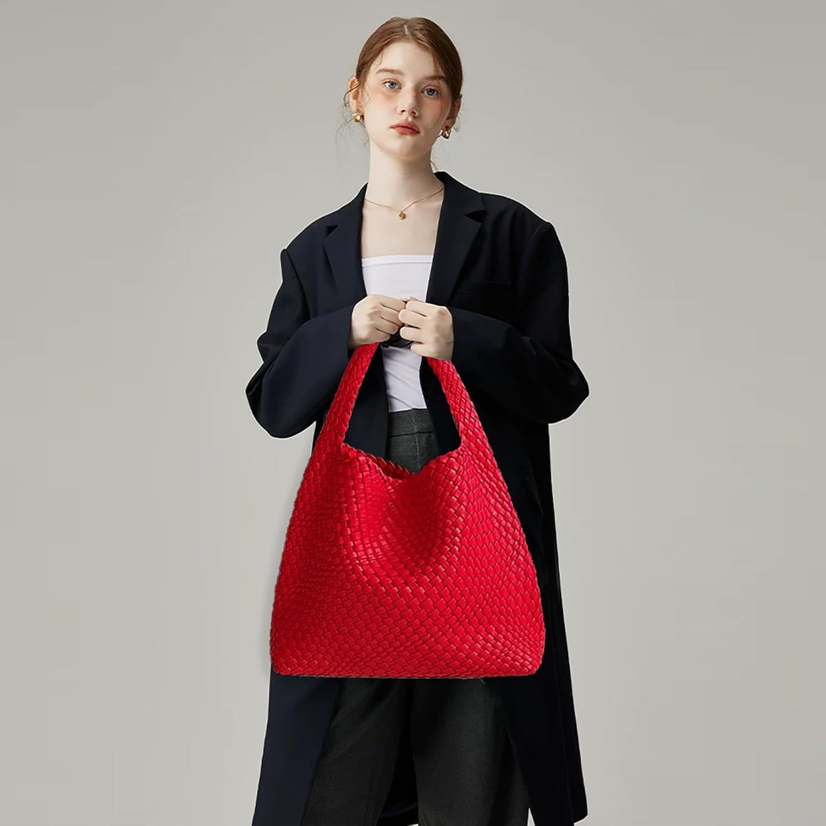 Bolso de mano de mujer con asa superior de cuero vegano tejido a ma...