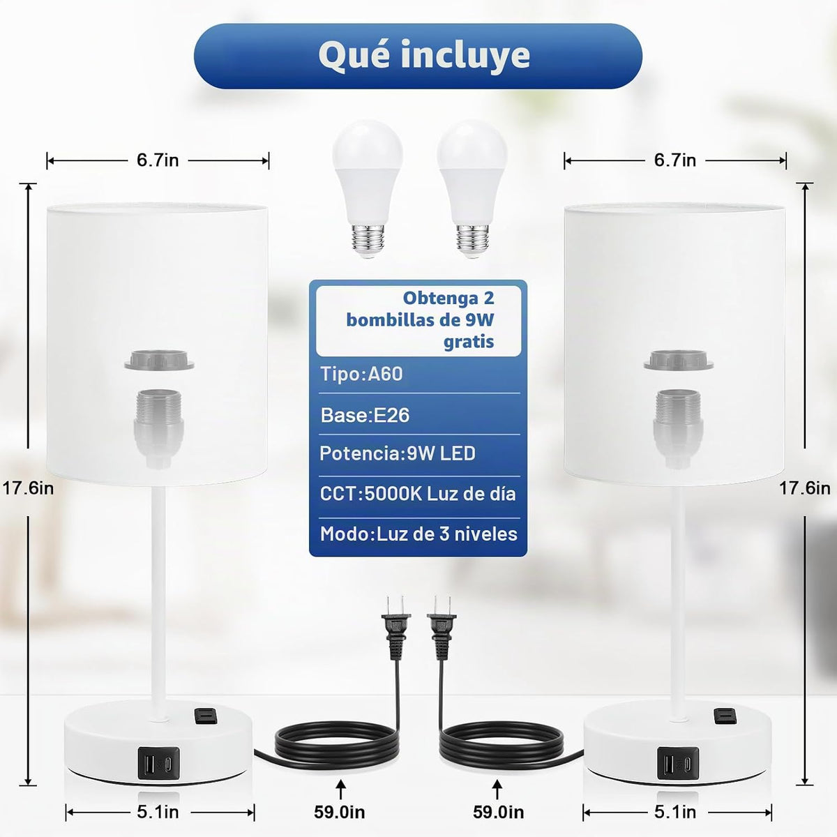Juego de 2 lámparas táctiles blancas de 17.6" para dormitorio,...