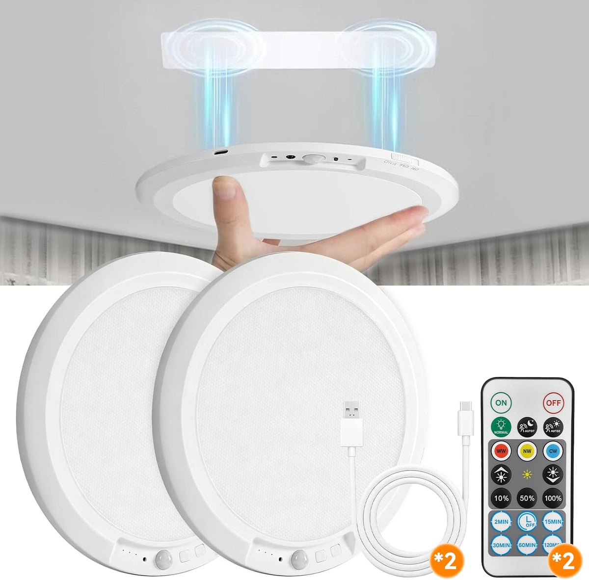 Free2Glow Paquete de 2 luces de techo recargables de 10000 mAh, con...