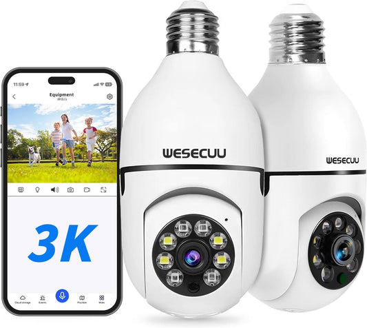 WESECUU Cámara de seguridad con bombilla 3K -5G y 2.4 GHz, cámaras...